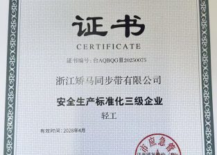 浙江矯馬同步帶有限公司榮獲安全生產(chǎn)標(biāo)準(zhǔn)化三級(jí)企業(yè)認(rèn)證